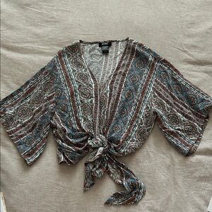 Bohemian Tie-Front Blouse in Blue and Brown